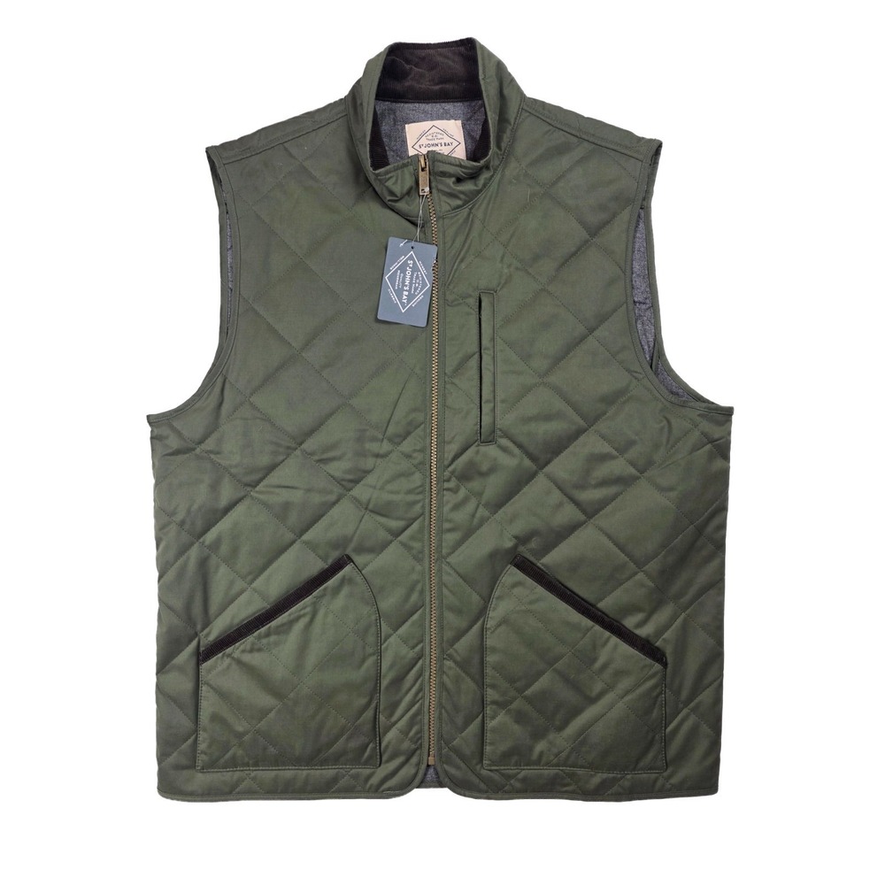 St.Johns Bay Dark Evergreen Quilted Vest Corduroy Accents Men's Size Large NWT
